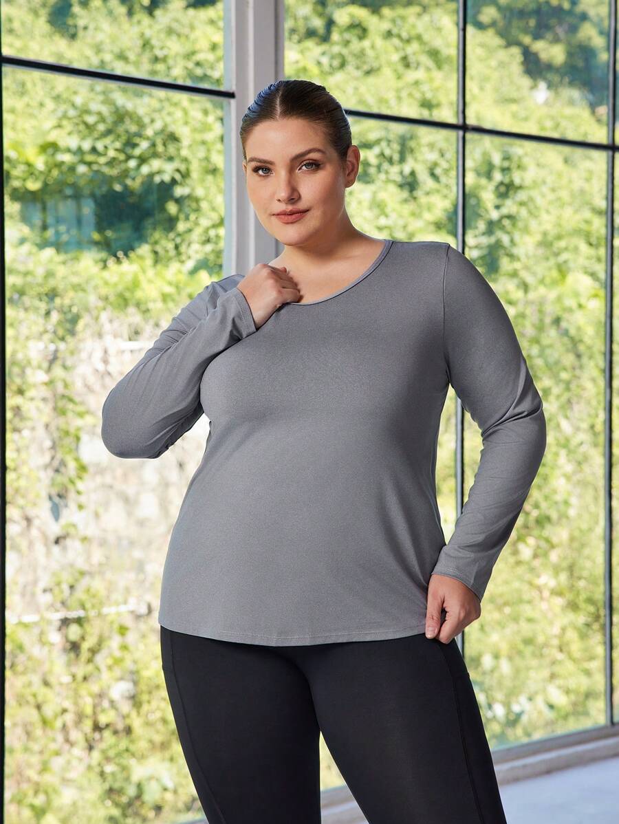 SHEIN Sports Women's Plus Size Sports Long Sleeve T-Shirts & Tank Tops - Grey - View 1