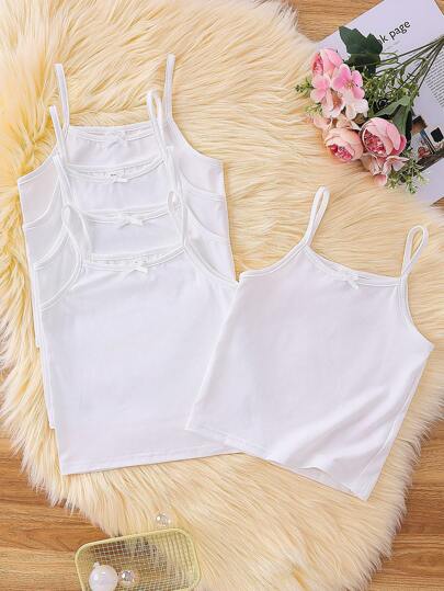 SHEIN 5 件/包年轻女孩简约蝴蝶结吊带背心上衣，舒适休闲牛奶丝材质，可作为外套穿着