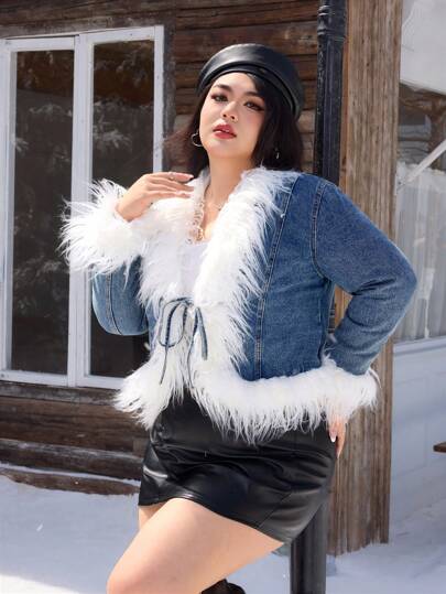 SHEIN EZwear Chaqueta vaquera casual de manga larga con lazo delantero y parches esponjosos para mujer de talla grande, ropa de Navidad y Acción de Gracias para mujer, otoño/invierno