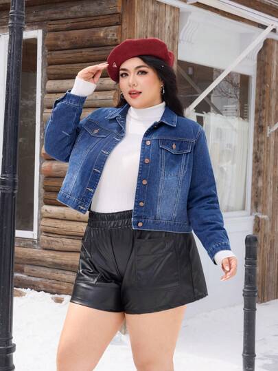 SHEIN EZwear Chaqueta vaquera lavada y corta de talla grande, ropa de Navidad para mujeres, ropa de Acción de Gracias para mujeres, otoño