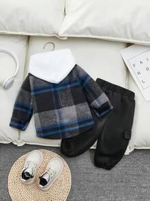 SHEIN Baby Boy Casual Colorful Plaid Contrast Color Shirt + Fleece Elastic Cuff Pants Set, Autumn/Winter - Black - View 2