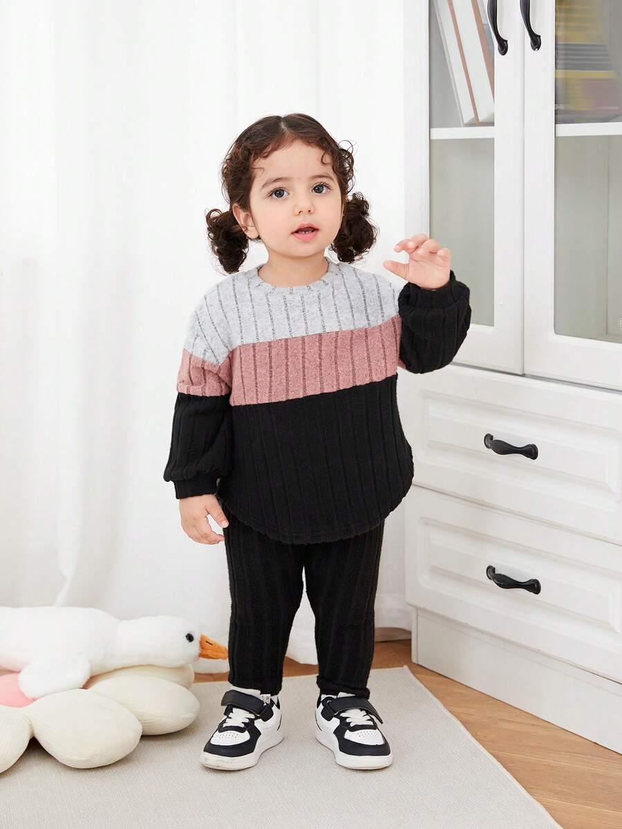 SHEIN 2pcs Baby Girl Fitted Casual Color Block Rib Trim Long Sleeve Top
