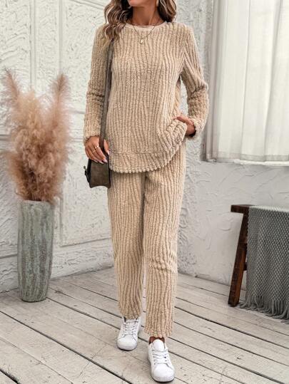 EMERY ROSE Women Solid Color Simple Thermal Lined Long Sleeve Top And Pants Set Winter Sets