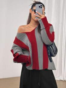 SHEIN Unity Lässiger, modischer Farbblock-gestreifter gestrickter Pullover, geeignet für Herbst und Winter - Verschiedenfarbig - Übersicht 1