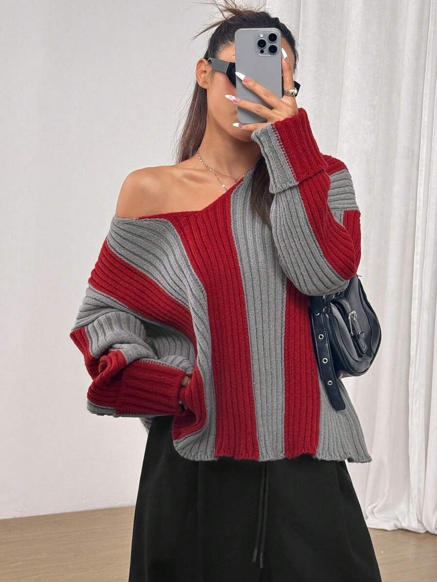 SHEIN Unity 休闲时尚撞色条纹针织衫，适合秋冬季节穿着。 - 彩色 - 查看 1