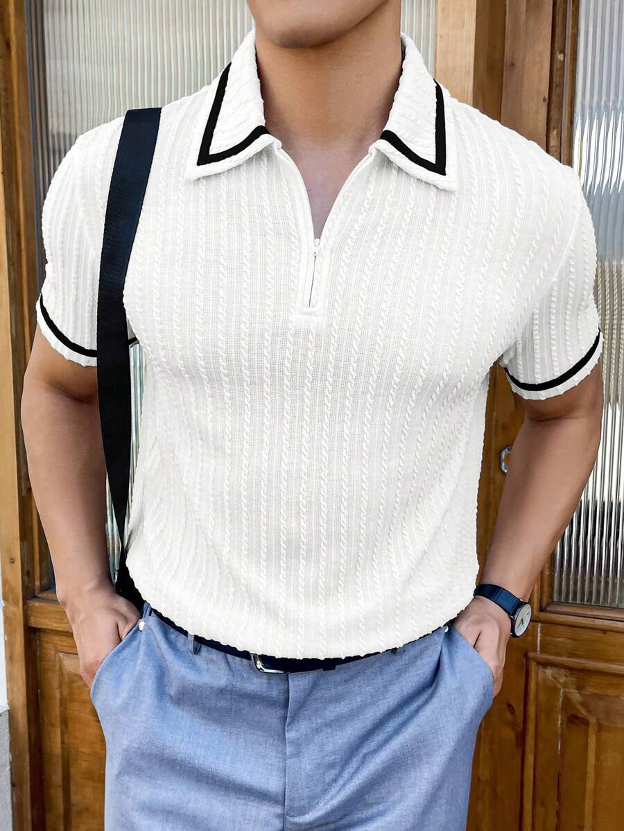 Manfinity Homme Men's Striped Short Sleeve Casual/Work Polo Shirt - White - View 1