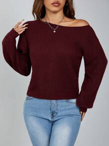 SHEIN PETITE 套头斜肩罗纹女式毛衣