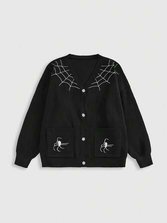 Cardigan tricoté avec broderie d'araignée gothique pour grandes tailles, Halloween
