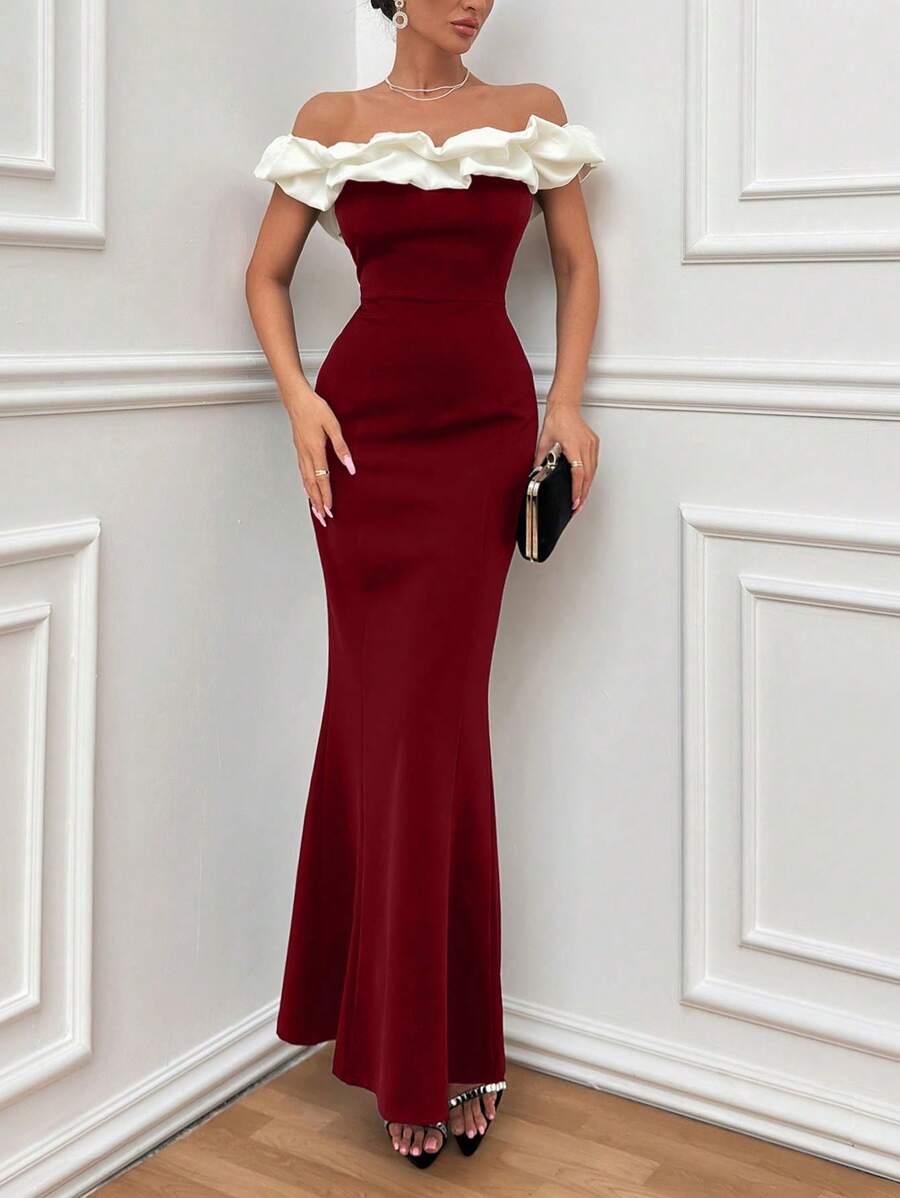 EURMUSE Two Tones Off Shoulder Ruffle Trim Bodycon Dress, Elegant Dress Dinner Date Red And White Summer - Burgundy - View 1