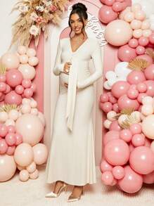 Loomaby Gender Reveal Long Sleeve Dress Maternity Elegant Simple Solid Color V-Neck Twist Front Fishtail Hem Fitted Long Sleeve Dress For Baby Shower Long Sleeve Dress For Maternity, For Maternity Dress