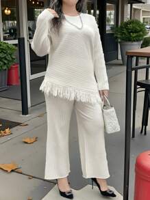 SHEIN Clasi Plus Size Crew Neck Long Sleeve Top With Tassel Hem And Pants Casual Suit Set