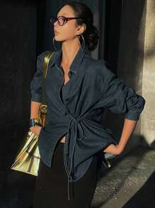 DAZY 女式前扣前系带长袖牛仔上衣 - 深色水洗藍 - 查看 5