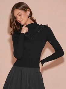 Enchnt 女士纯色优雅荷叶边高领长袖毛衣，秋冬款 - 黑色 - 查看 2