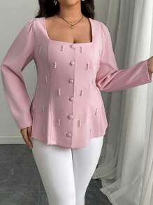SHEIN Unity Plus Size Women Beaded Square Collar Fitted Blazer - Pink - View 4