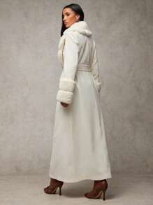 SHEIN BAE Women's Solid Color Fluffy Shawl Collar Long Sleeve Long Elegant Wool Blend Coat, Vintage Coat Winter Fall Women Clothes Halloween Customs Women Concert Outfits Winter Women Clothes Fur Coat Stylish And Warm, Suitable For Parties And Outings  In Fall/Winter