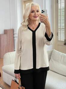 EMERY ROSE Blusa elegante de manga larga con cuello en V y bloqueo de color en tela texturizada