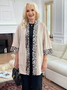 EMERY ROSE Women's Autumn Mixed Leopard Print Drop Shoulder Pocket Casual Open Front Jacket