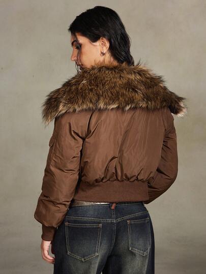 Grunge Punk Sweat-shirt sexy de style de rue en tenue de neige, manteau matelassé à col moelleux à fermeture éclair vintage pour femmes