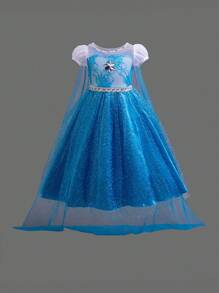 Young Girl Princess Dress With Blue Sequin Short Sleeves, Paired With Fine Mesh Tulle Train, Suitable For Formal Evenings, Galas And Parties, All Seasons - Blue - View 1