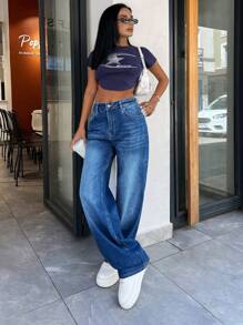 RueChic 100% Cotton HIGH RISE WIDELEG INDIGO WOMEN JEAN - Dark Wash - View 6