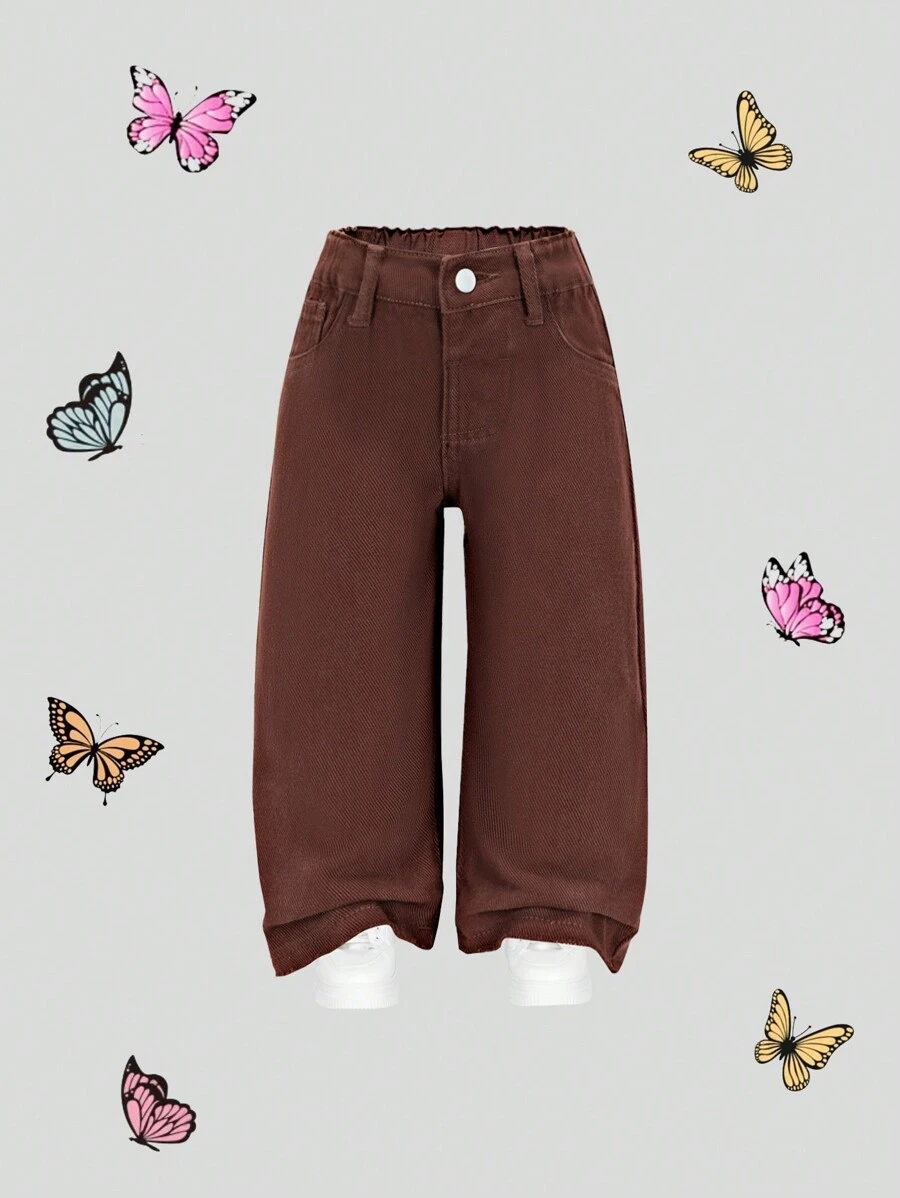 SHEIN Baby Girls Versatile Casual Coffee Solid Washed Wide Leg Denim Pants - Coffee Brown - View 1