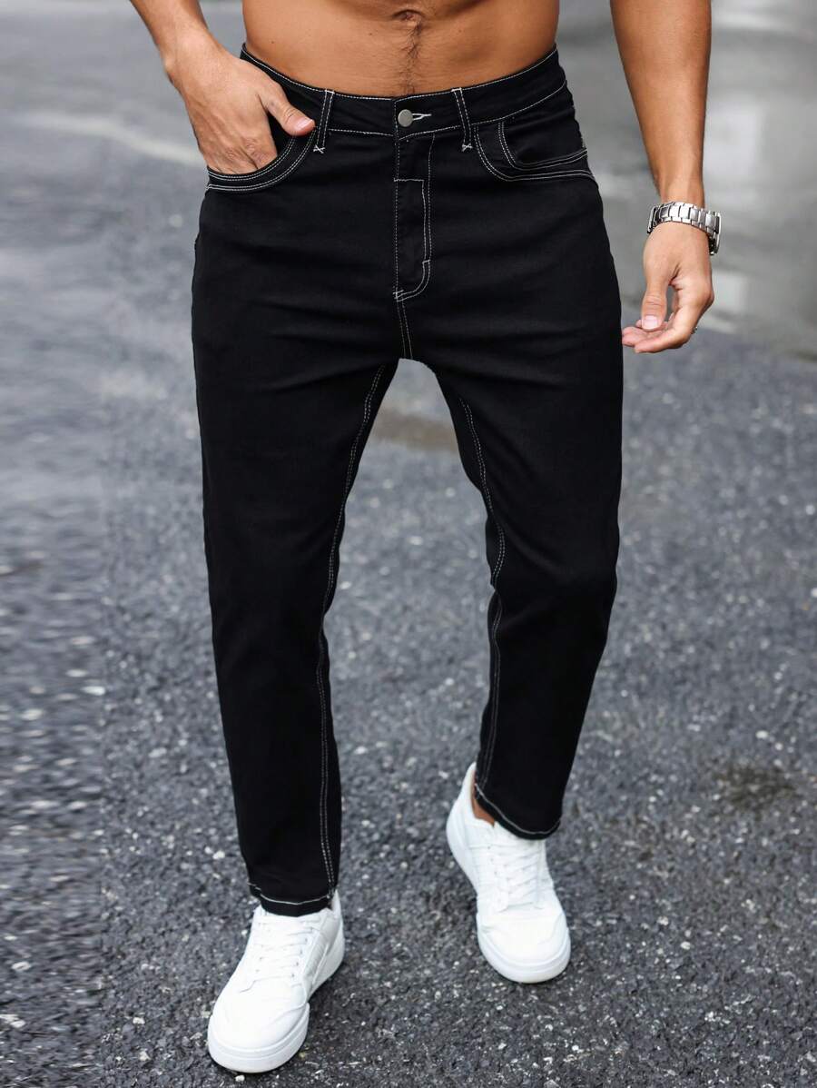 Manfinity Homme 男士口袋紧身休闲百搭牛仔裤，纯色修身深色牛仔裤长款黑色洗水工装牛仔裤，适合丈夫、男朋友的礼物 - 黑色 - 查看 1