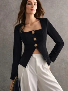 Poéselle Chaqueta elegante de manga larga con cuello cuadrado y botones al frente, de unicolor, para mujer en otoño/invierno - Negro - Ver 7
