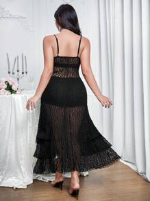 Allurite Đầm dự tiệc gợi cảm hở lưng cổ tròn thanh lịch bằng ren - màu đen - Xem 2