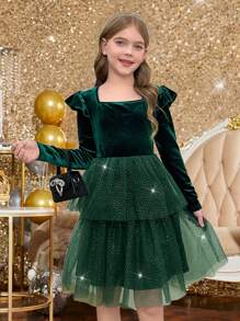 SHEIN Vestido elegante y elegante de fiesta para niñas preadolescentes, con cuello alto, panel de terciopelo con volantes y malla plateada, adecuado para fiestas de Navidad, graduación y bailes de promoción
