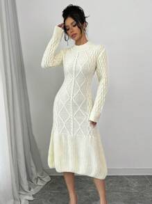 Elenzga Vestido tipo jersey con cuello redondo, flores y diseño entallado para mujer