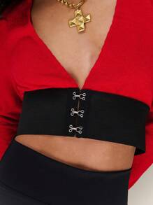 SHEIN Unity Hook And Eye Contrast Waist Panel Long Sleeve Plunge Top New Years Fall Cloth For Women - Red and Black - View 4