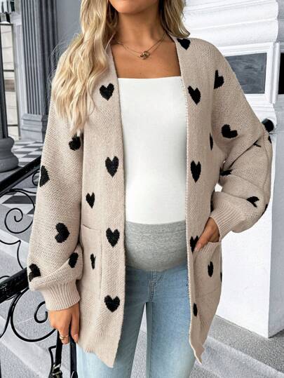 SHEIN マタニティ ハート柄 ドロップショルダー 長袖 ポケット オープンカーディガン ニット カジュアル 秋冬