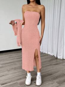Chiquease 2pcs/Set Solid Color High Slit Bodycon Dress And Open Front Cardigan, Outfit - Dusty Pink - View 5
