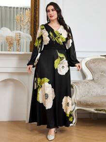 Modelyn Plus Size Women Floral Print V-Neck Lantern Sleeve Long Elegant Dress Long Evening Dresses