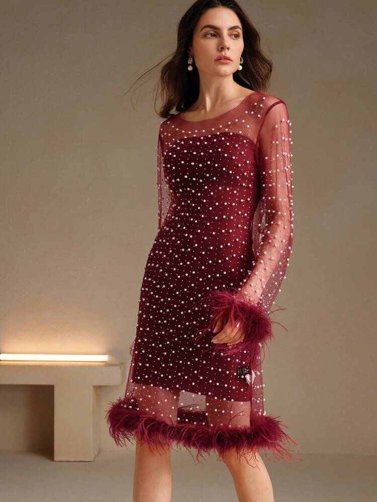 1pc Women's Long Sleeve Feather Embellished Rhinestone Beaded Mesh Overlay Dress Burgundy Color Women Outfit