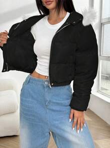 SHEIN EZwear 秋冬毛绒装饰连帽大衣 - 黑色 - 查看 6