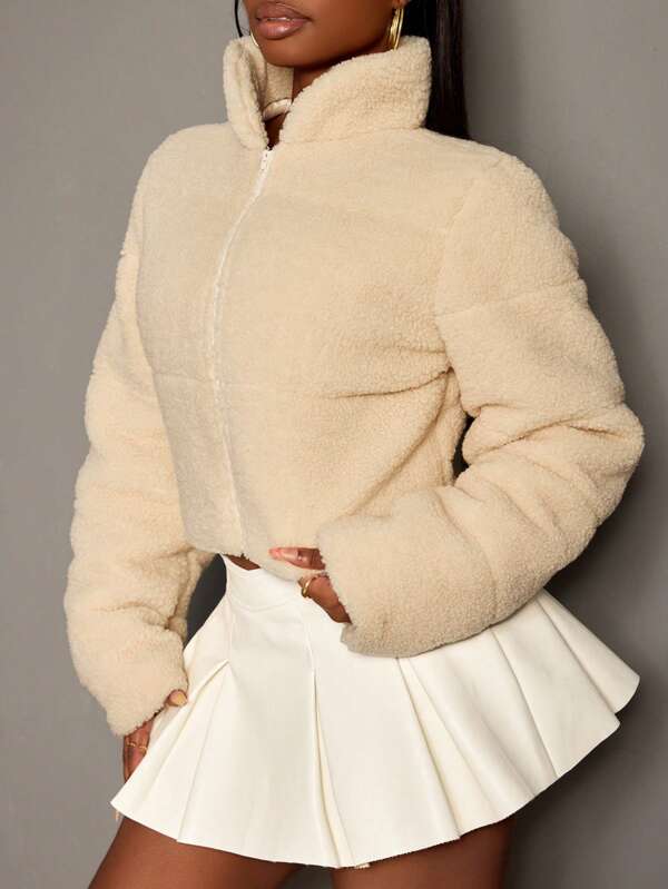 Slaydiva Casaco feminino casual curto de lã de pelúcia acolchoado, outono/inverno