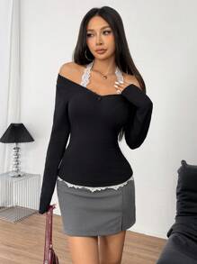 INAWLY 女士蕾丝撞色二合一修身休闲 T 恤 - 黑色 - 查看 1