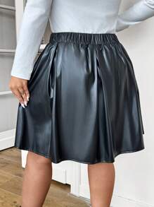 SHEIN Frenchy Plus Size Women's High Waisted A-Line Leather Skirt - Black - View 2