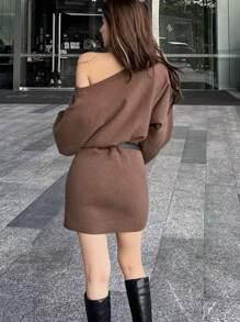 SHEIN ICON 1pc Women Solid Round Neck Batwing Long Sleeve Slim Knitted Sweater Dress, Autumn/Winter Fall Cloth For Women