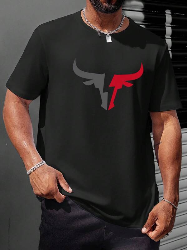 Manfinity Homme Men Plus Size Cow Bull Graphic Print Athletic Short Sleeve Tee, For Going Out