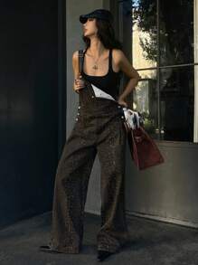 DAZY Women Casual Loose Fit Button Embellished Leopard Print Denim Overalls,Fall Clothes - Brown - View 7