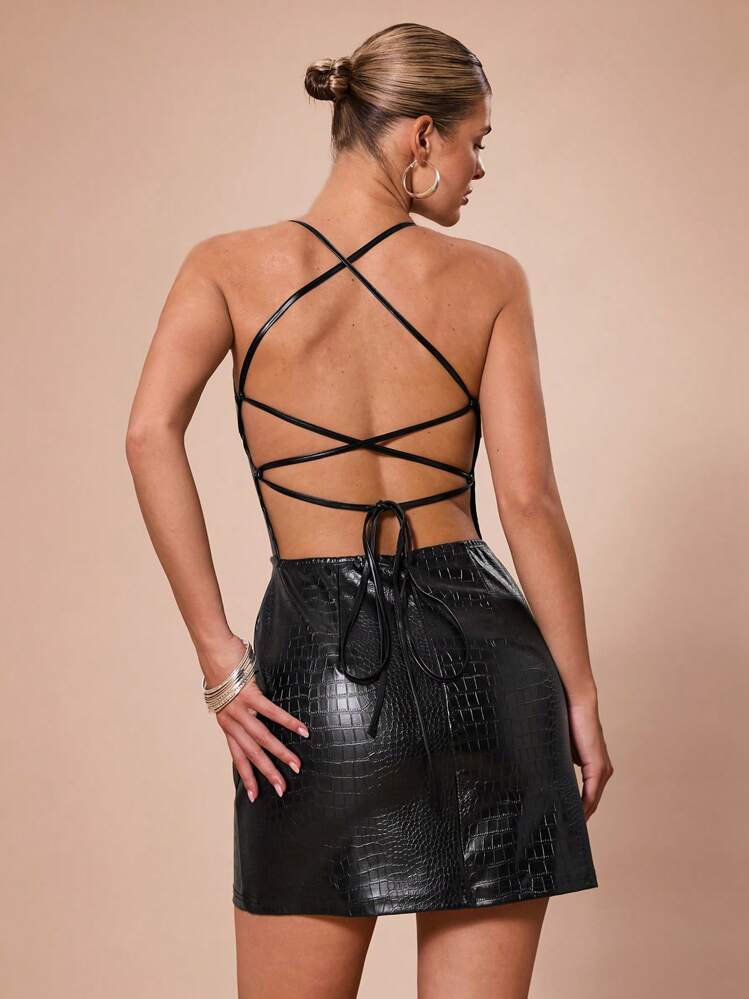 SHEIN BAE 纯黑色性感简约 PU 皮革动物印花露背迷你连衣裙，适合鸡尾酒会、浪漫约会、秋冬季分层穿着、派对、夜总会、万圣节、圣诞节 - 黑色 - 查看 1