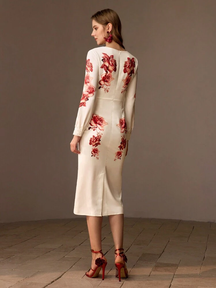 Vestido midi de corte slim con estampado floral, cuello en V y detalles de rhinestones, sin cinturón