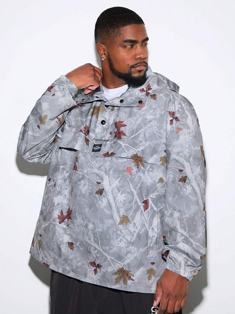 Manfinity VCAY 大码男士休闲树枝印花连帽夹克，连帽彩色图案长袖轻便夹克，适合秋季外出、朋友、丈夫、男朋友的礼物，适合秋冬 - 灰色 - 查看 1