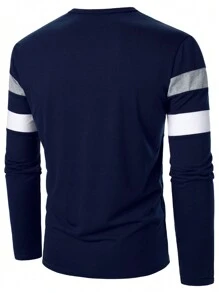 Manfinity Homme Men's Minimalist Fashion Button Up Long Sleeve Business T-Shirt, Men Navy Blue Shirts, Men Color Block Shirts, Men Henley Shirts - Multicolor - View 3