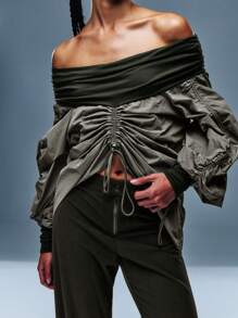TypaGal Khaki Green One Shoulder Puff Sleeve Drawstring Shirt Winter Fall Cloth For Women - Green - View 3