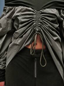 TypaGal Khaki Green One Shoulder Puff Sleeve Drawstring Shirt Winter Fall Cloth For Women - Green - View 5