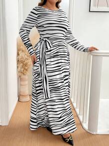 SHEIN Clasi Plus Size Autumn Casual Color Block Striped Dress - Black and White - View 4