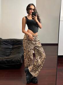 SHEIN ICON Low-Waist Leopard Cheetah Print Wide-Leg Y2K Comfy Baggy Pants